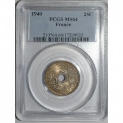 FRANCE - KM 867 - 25 CENTIMES .1940. - TYPE LINDAUER - PCGS MS 64