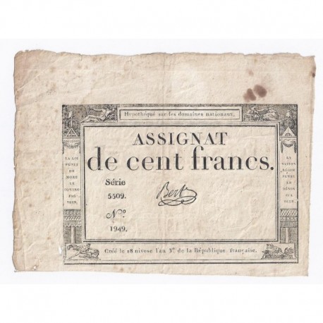 ASSIGNAT DE 100 FRANCS - 18 NIVOSE AN 3 - 07/01/1795 - DOMAINES NATIONAUX