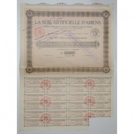 80 - AMIENS 1927 - LA SOIE ARTIFICIELLE D'AMIENS - ACTION DE 100 FRANCS - SUP