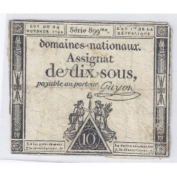 ASSIGNAT OF 10 SOUS - SERIE  899 - 24/10/1792 - NATIONAL DOMAINS