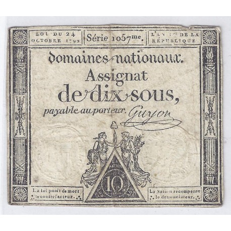 ASSIGNAT DE 10 SOUS - SERIE 1057 - 24/10/1792 - DOMAINES NATIONAUX