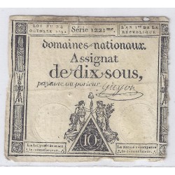 ASSIGNAT OF 10 SOUS - SERIE  1221 - 24/10/1792 - NATIONAL DOMAINS