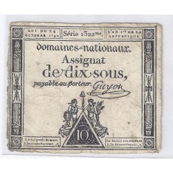 ASSIGNAT OF 10 SOUS - SERIE  1322 - 24/10/1792 - NATIONAL DOMAINS