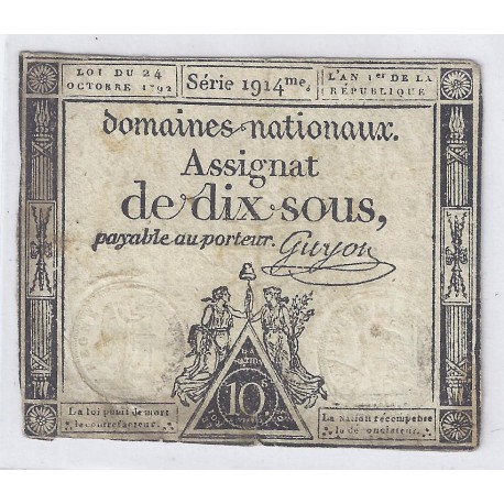 ASSIGNAT DE 10 SOUS - SERIE 1914 - 24/10/1792 - DOMAINES NATIONAUX