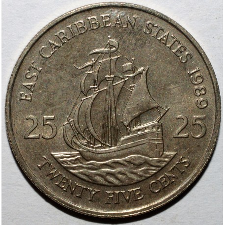 CARAIBES ORIENTALES - KM 14 - 25 CENTS 1989 - ELISABETH II - BATEAU - LE GOLDEN HIND