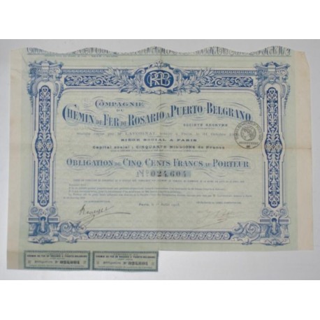 PUERTO-BELGRANO 1918 - ARGENTINE - OBLIGATION DE 500 FRANCS AU PORTEUR - SUPERBE