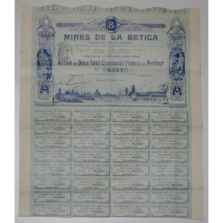 75 - PARIS 1909 - MINES DE LA BETICA - ACTION DE 250 FRANCS