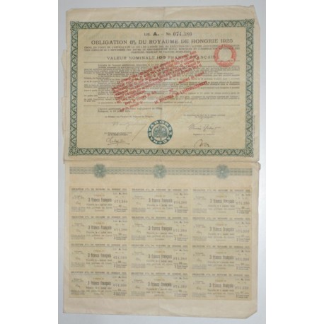 BUDAPEST 1925 - OBLIGATION DE 6 % DU ROYAUME DE HONGRIE DE 100 FRANCS - TTB+