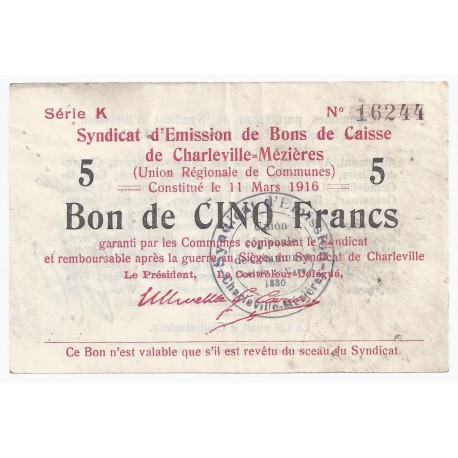 COUNTY 08 - CHARLEVILLE MEZIERES - voucher issuing syndicate - 5 FRANCS 1916 - VF