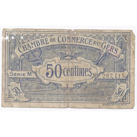 COUNTY 32 - GERS - CHAMBER OF COMMERCE - 50 CENTIMES 1920 - VG