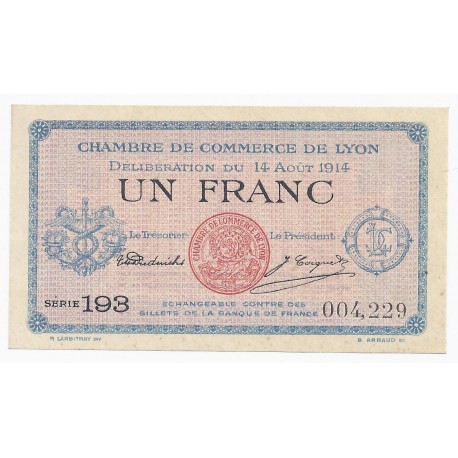 COUNTY 69 - LYON - CHAMBER OF COMMERCE - 1 FRANC 1914 - UNC