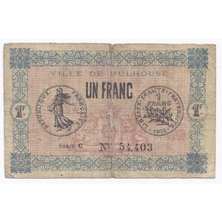 COUNTY 68 - MULHOUSE - CHAMBER OF COMMERCE - 1 FRANC 1918 - VG