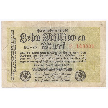 ALLEMAGNE - PICK 106 - 10 MILLIONEN MARK - 22/08/1923 - TRES BEAU