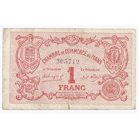 COUNTY 72 - LE MANS - CHAMBER OF COMMERCE - 1 FRANC - 15/4/1920 - VF