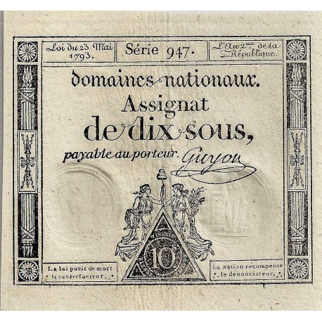 ASSIGNAT OF 10 SOUS - SERIE  947 - 23/05/1793 - NATIONAL DOMAINS