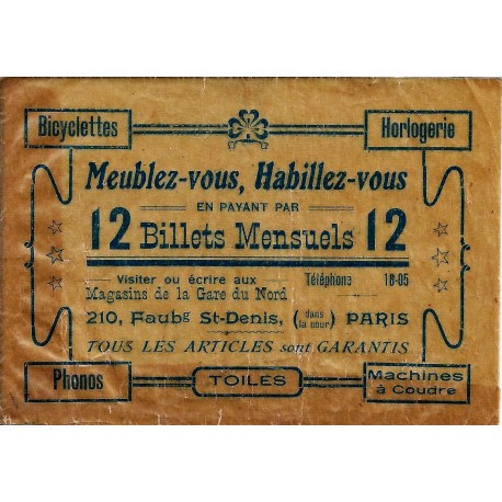 FRANCE - PARIS - MAGASINS DE LA GARE DU NORD - EMBALLAGE PUBLICITAIRE "12 BILLETS MENSUELS"