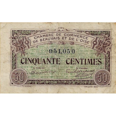 60 - BEAUVAIS - CHAMBRE DE COMMERCE DE BEAUVAIS ET DE L'OISE - 50 CENTIMES 1920