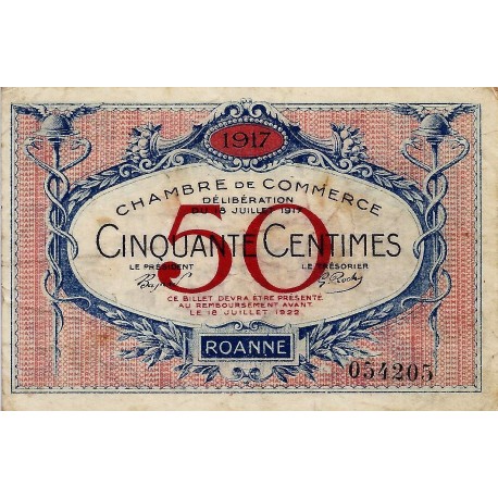 42 - ROANNE - CHAMBRE DE COMMERCE - 50 CENTIMES 1917