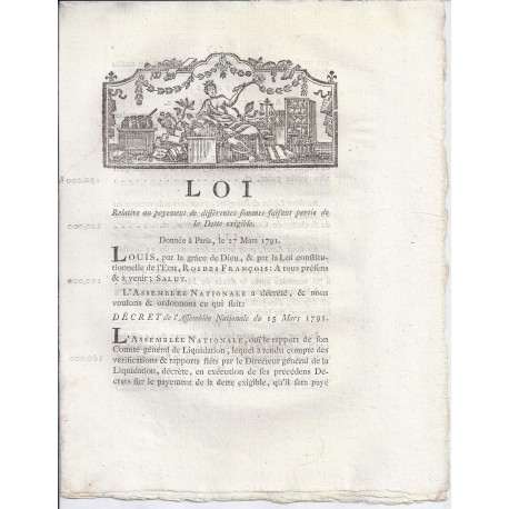 LOUIS XVI AND DU PORT - LAW OF 27 MARCH 1791 - Payment of the due debt