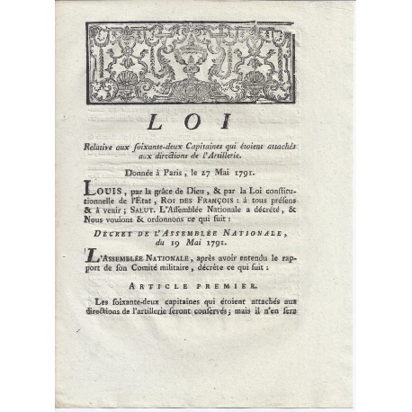 LOUIS XVI AND DU PORT - LAW OF 27 MAY 1791 - Regarding to the 62 Captains of Artillery