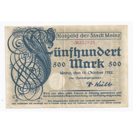 ALLEMAGNE - GERMANY NOTGELD DER STADT MAINZ - 500 MARK - 18.10.1922 - TTB/SUP