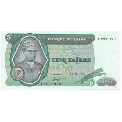 ZAIRE - PICK 21 b - 5 ZAIRES - 24/11/1977