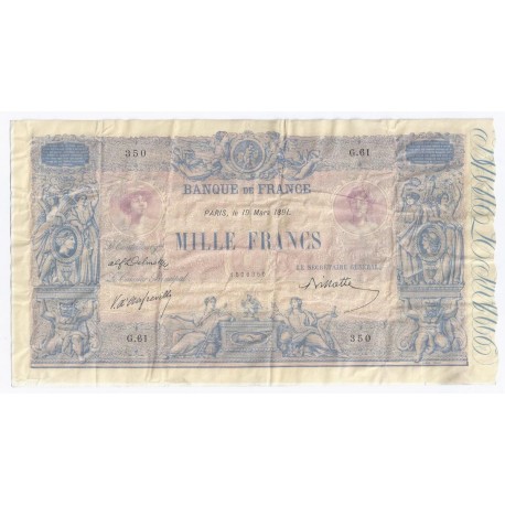 FRANCE - PICK 67 - 1000 FRANCS BLUE ON LILAC UNDERPRINT - 19.03.1891