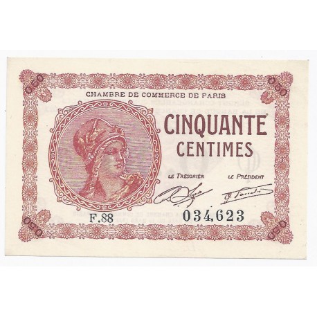 75 - PARIS - CHAMBRE DE COMMERCE - 50 CENTIMES 1920