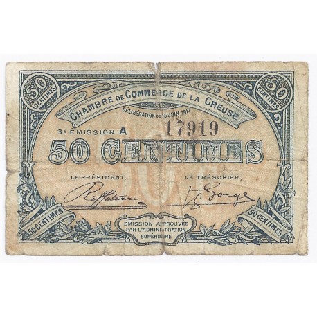 COUNTY 23 - CREUSE - CHAMBER OF COMMERCE - 50 CENTIMES - 15/06/1917