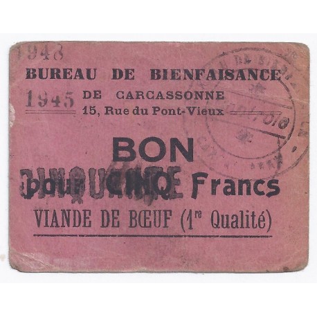 11 - CARCASSONNE - BON DE BIENFAISANCE - 5 FRANCS - 1945/1948