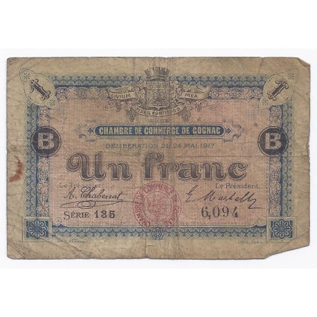 16 - COGNAC - CHAMBRE DE COMMERCE - 1 FRANC - 24/05/1917