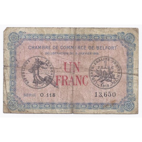 90 - BELFORT - CHAMBRE DE COMMERCE - 1 FRANC - 06/01/1916