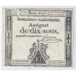 ASSIGNAT OF 10 SOUS - SERIE  1814 - 04/01/1792 - NATIONAL DOMAINS