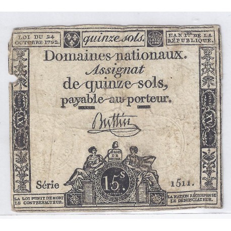 ASSIGNAT OF 15 SOLS - SERIE 1514 - 24/10/1792