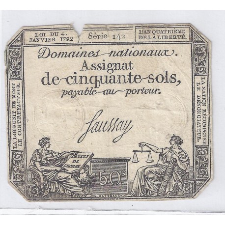 ASSIGNAT DE 50 SOLS - SERIE 142 - 04/01/1792 - DOMAINES NATIONAUX