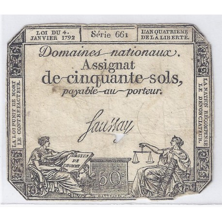 ASSIGNAT DE 50 SOLS - SERIE 661 - 04/01/1792 - DOMAINES NATIONAUX