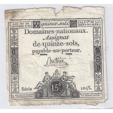 ASSIGNAT DE 15 SOLS - SERIE 1045 - 24/10/1792