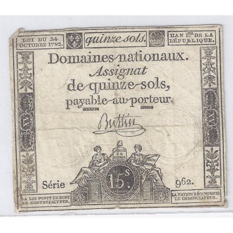 ASSIGNAT DE 15 SOLS - SERIE 962 - 24/10/1792