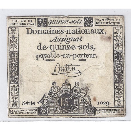 ASSIGNAT DE 15 SOLS - SERIE 1029 - 24/10/1792