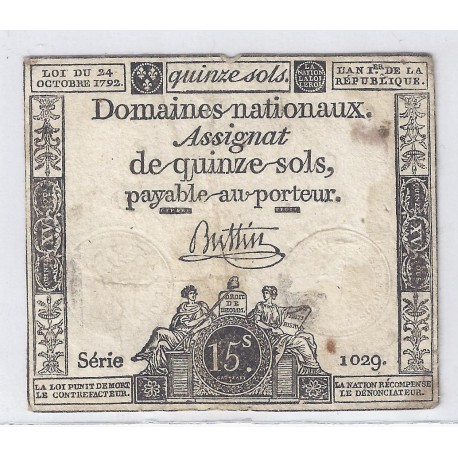 ASSIGNAT OF 15 SOLS - SERIE 1029 - 24/10/1792