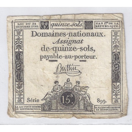 ASSIGNAT DE 15 SOLS - SERIE 899 - 24/10/1792