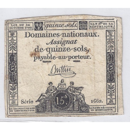 ASSIGNAT OF 15 SOLS - SERIE 1662 - 24/10/1792