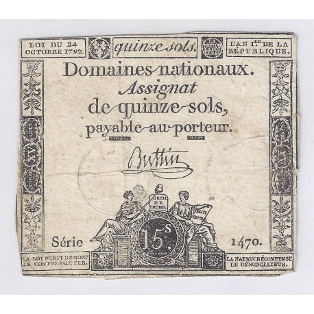 ASSIGNAT OF 15 SOLS - SERIE 1470 - 24/10/1792