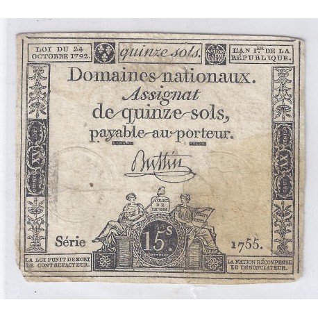 ASSIGNAT OF 15 SOLS - SERIE 1755 - 24/10/1792