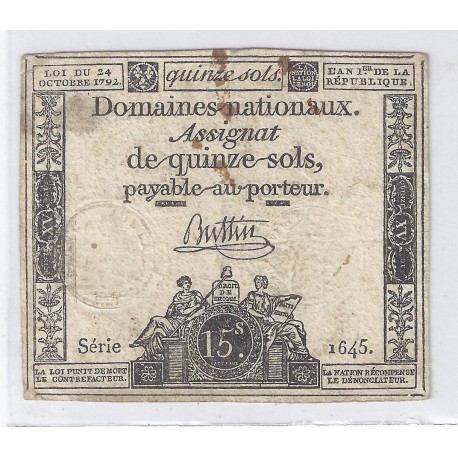 ASSIGNAT OF 15 SOLS - SERIE 1645 - 24/10/1792