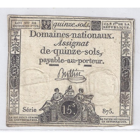 ASSIGNAT OF 15 SOLS - SERIE 875 - 24/10/1792