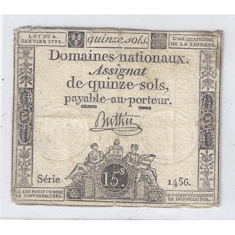 ASSIGNAT ÜBER 15 SOLS - SERIE 1456 - 04/01/1792