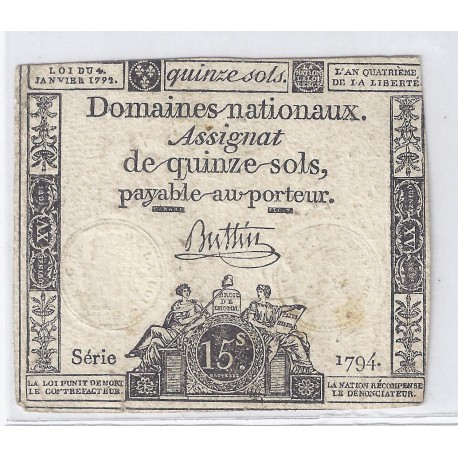 ASSIGNAT OF 15 SOLS - SERIE 1794 - 04/01/1792