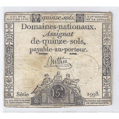 ASSIGNAT OF 15 SOLS - SERIE 1998 - 04/01/1792