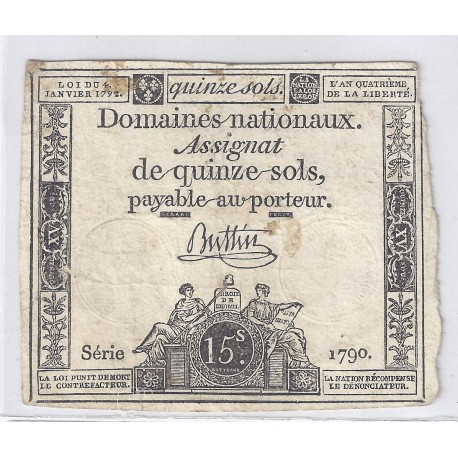 ASSIGNAT OF 15 SOLS - SERIE 1790 - 04/01/1792